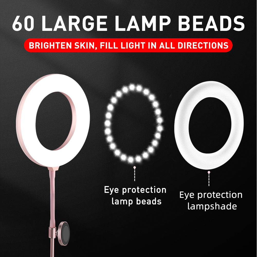 R-JUST Rotary 3 Modes LED Ring Light Magnetic Phone Holder Bracket Table Lamp for Live Stream Make Up - Rose Gold
