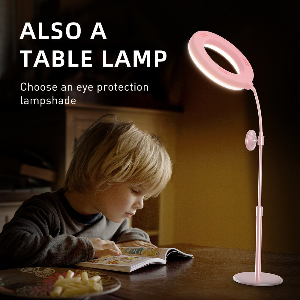 R-JUST Rotary 3 Modes LED Ring Light Magnetic Phone Holder Bracket Table Lamp for Live Stream Make Up - Rose Gold