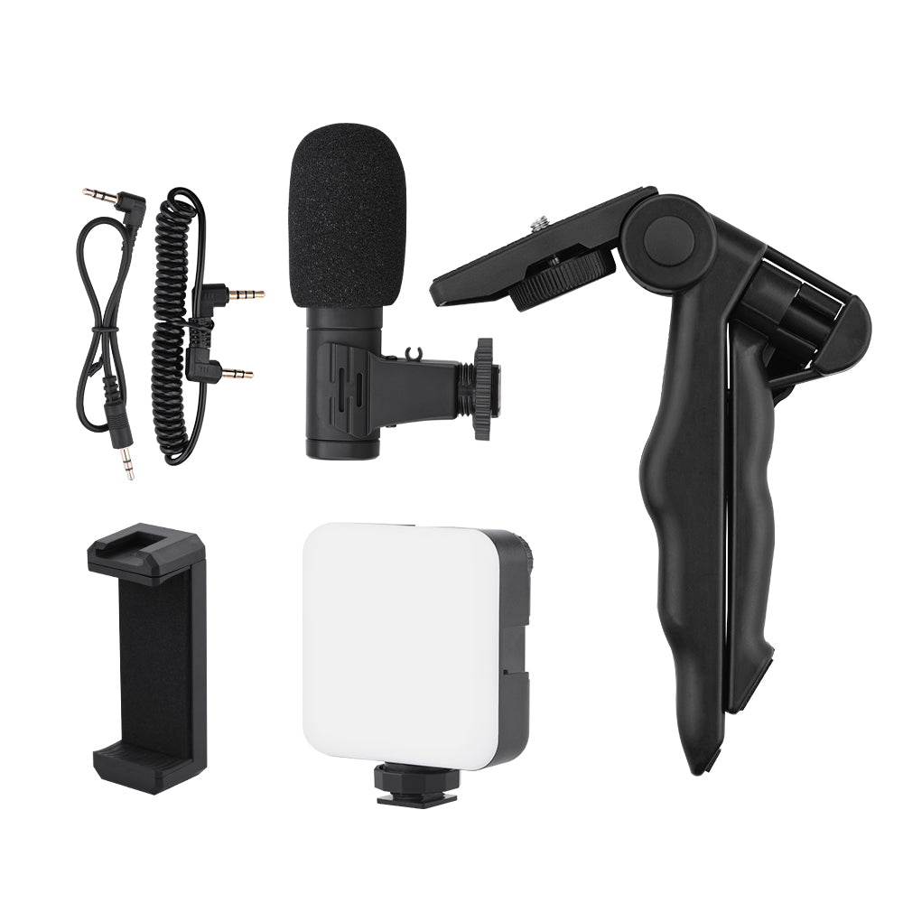 4 in 1 Vlog Shooting Kit Desktop Tripod Adjustable Fill Light Phone Holder Microphone for Mobile Phone 6.5-10cm