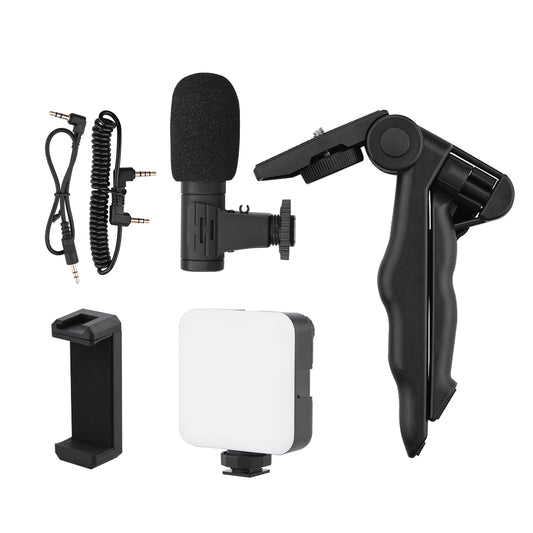 4 in 1 Vlog Shooting Kit Desktop Tripod Adjustable Fill Light Phone Holder Microphone for Mobile Phone 6.5-10cm