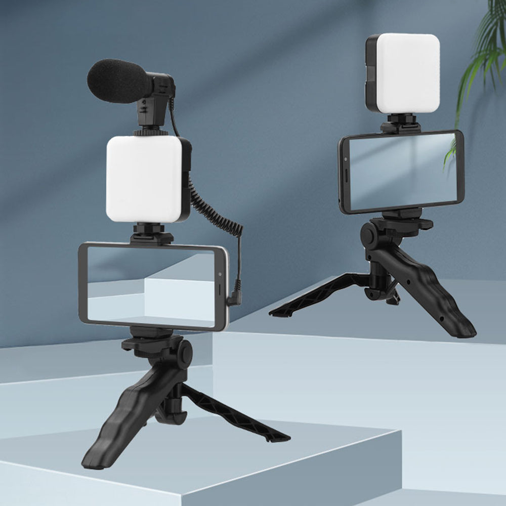 4 in 1 Vlog Shooting Kit Desktop Tripod Adjustable Fill Light Phone Holder Microphone for Mobile Phone 6.5-10cm