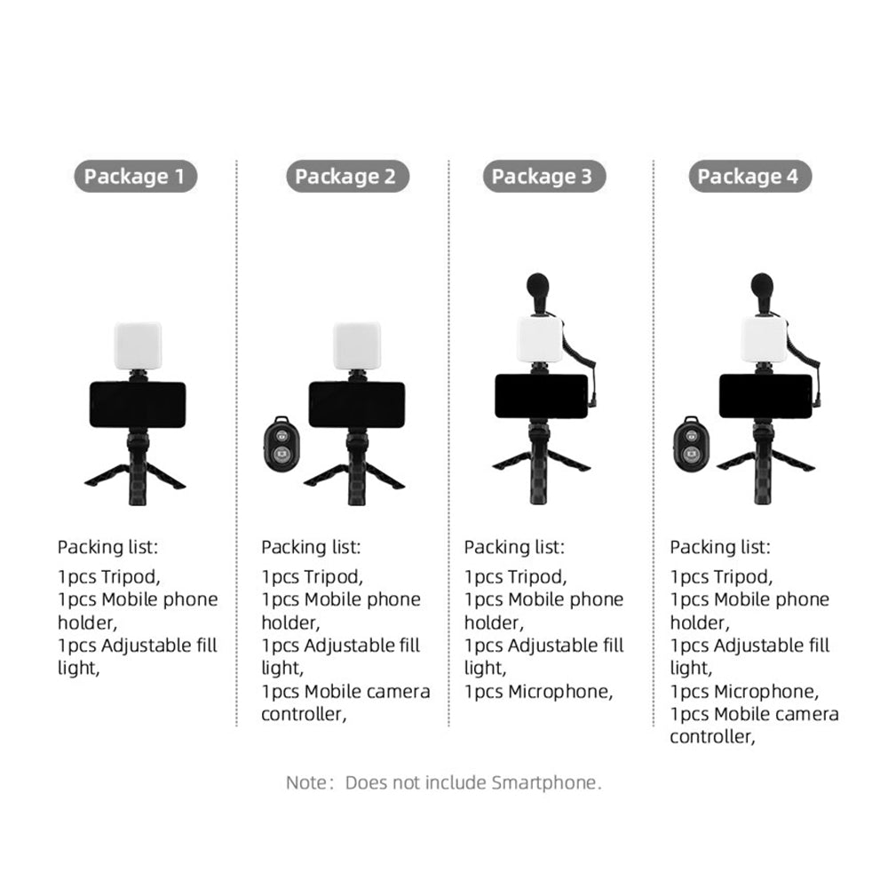 4 in 1 Vlog Shooting Kit Desktop Tripod Adjustable Fill Light Phone Holder Microphone for Mobile Phone 6.5-10cm