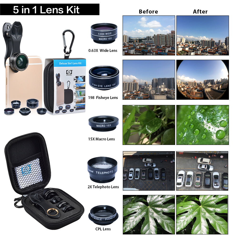 Apexel APL-DG5-H 5-in-1 Fisheye Wide Angle Macro Telephoto CPL Lens Mobile Phone Mini Camera Lens