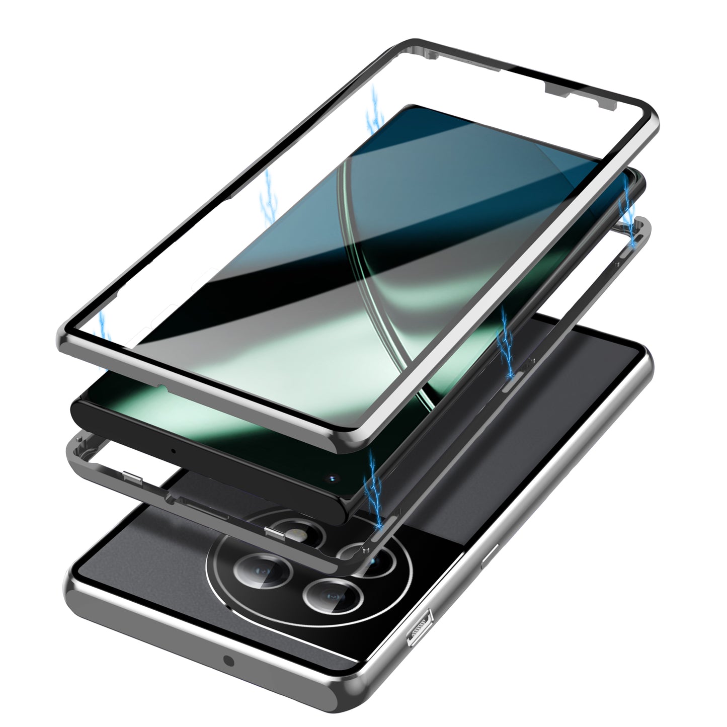 Metal Frame Case for OnePlus 11 5G PC+Tempered Glass Phone Case Full Protection with Lock - Silver