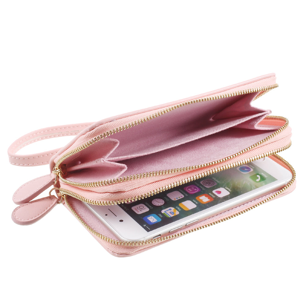Uniqkart for iPhone 6 /6s /7 Universal Zipper Wallet Leather Cover with Strap - Smooth Surface / Pink