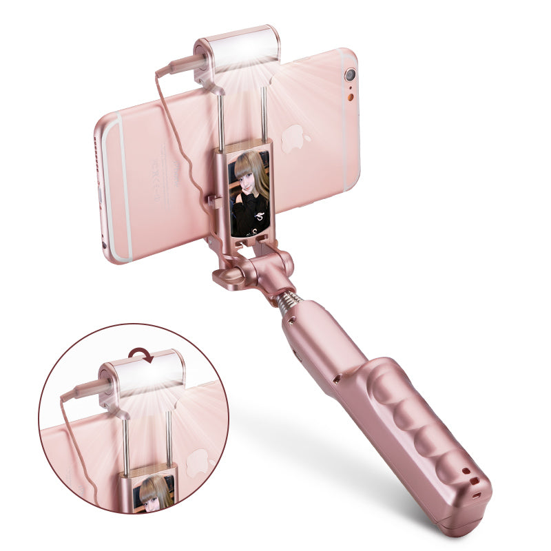 WQ41 Bluetooth Selfie Stick with Rear Mirror 360 Degree LED Fill Light Foldable Monopod