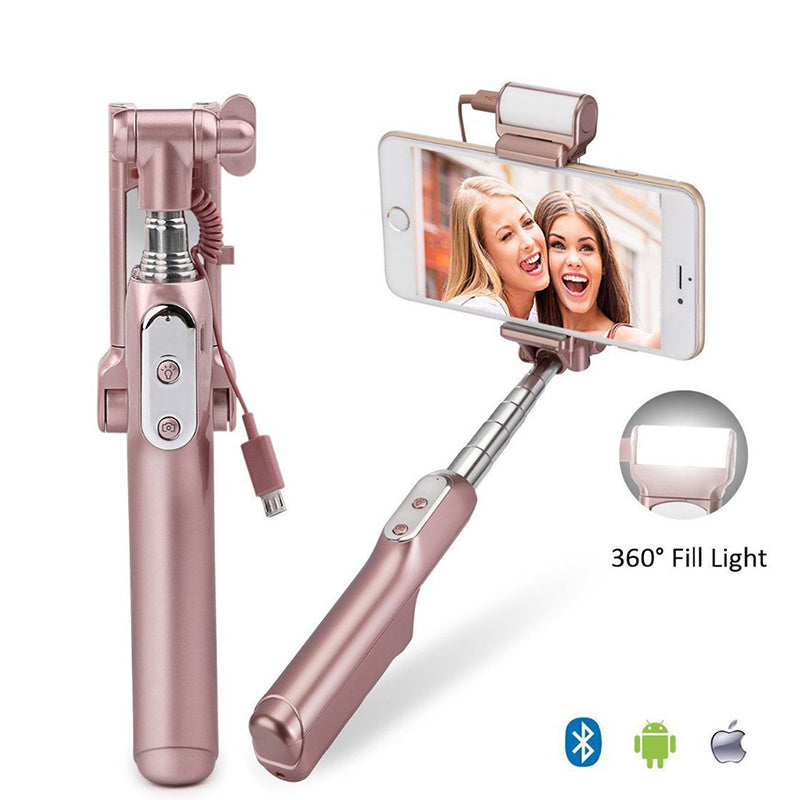 WQ41 Bluetooth Selfie Stick with Rear Mirror 360 Degree LED Fill Light Foldable Monopod
