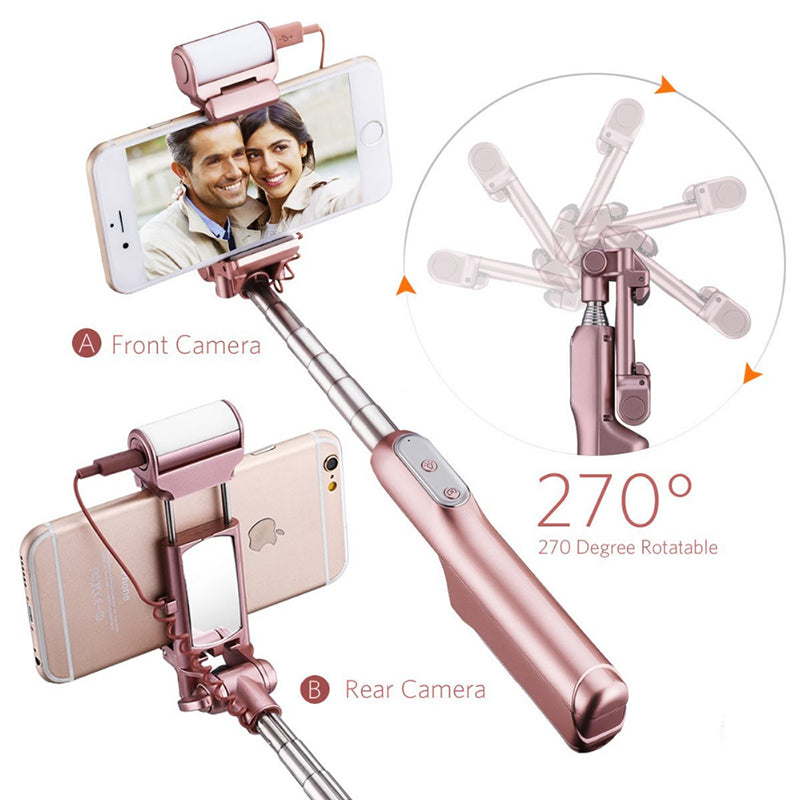 WQ41 Bluetooth Selfie Stick with Rear Mirror 360 Degree LED Fill Light Foldable Monopod