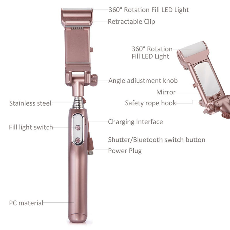WQ41 Bluetooth Selfie Stick with Rear Mirror 360 Degree LED Fill Light Foldable Monopod