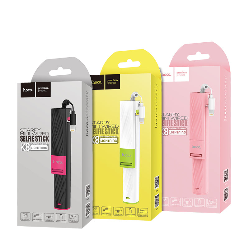 Uniqkart K8 Starry Lightning Mini Wire Controllable Selfie Stick for iPhoneX/8/7 - White