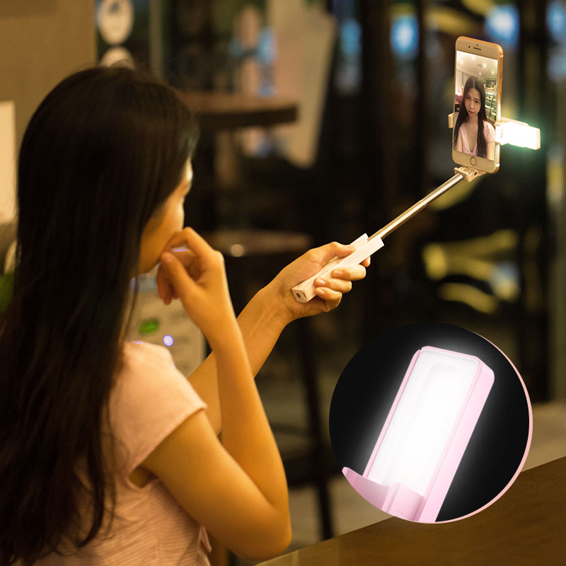 Uniqkart US-ZB050 M2 Mini Bluetooth LED Fill Light Selfie Stick for iPhone XS/X Etc - Pink