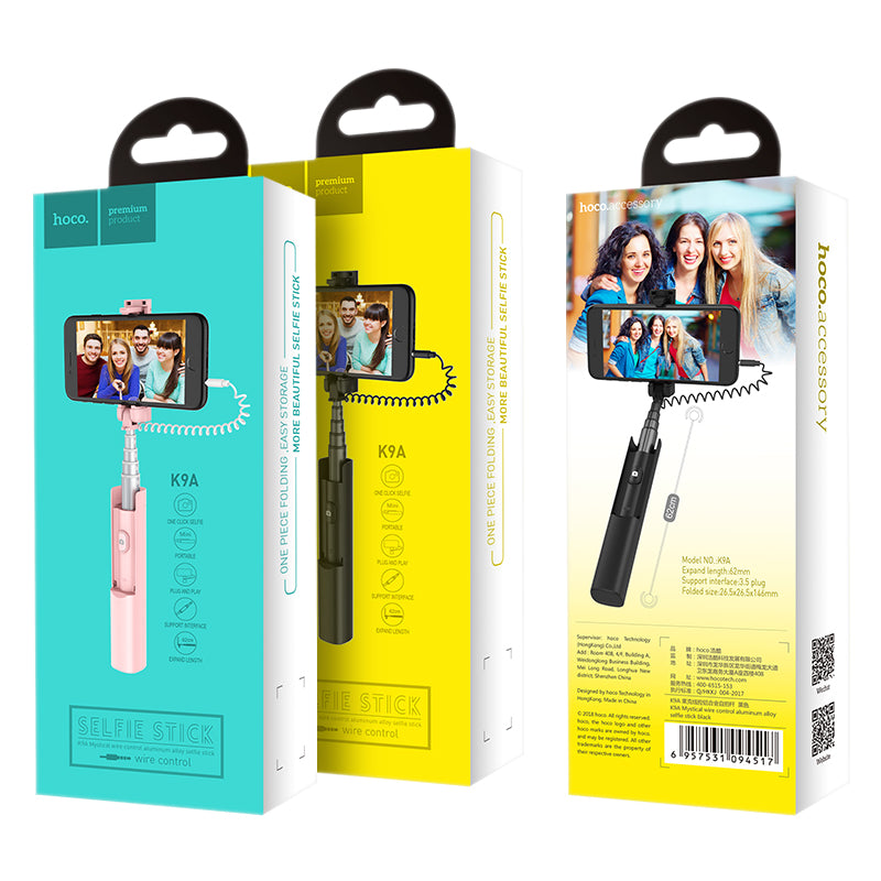 Hoco K9A Mystical 3.5mm Wire Control Telescopic Aluminum Alloy Selfie Stick - Black