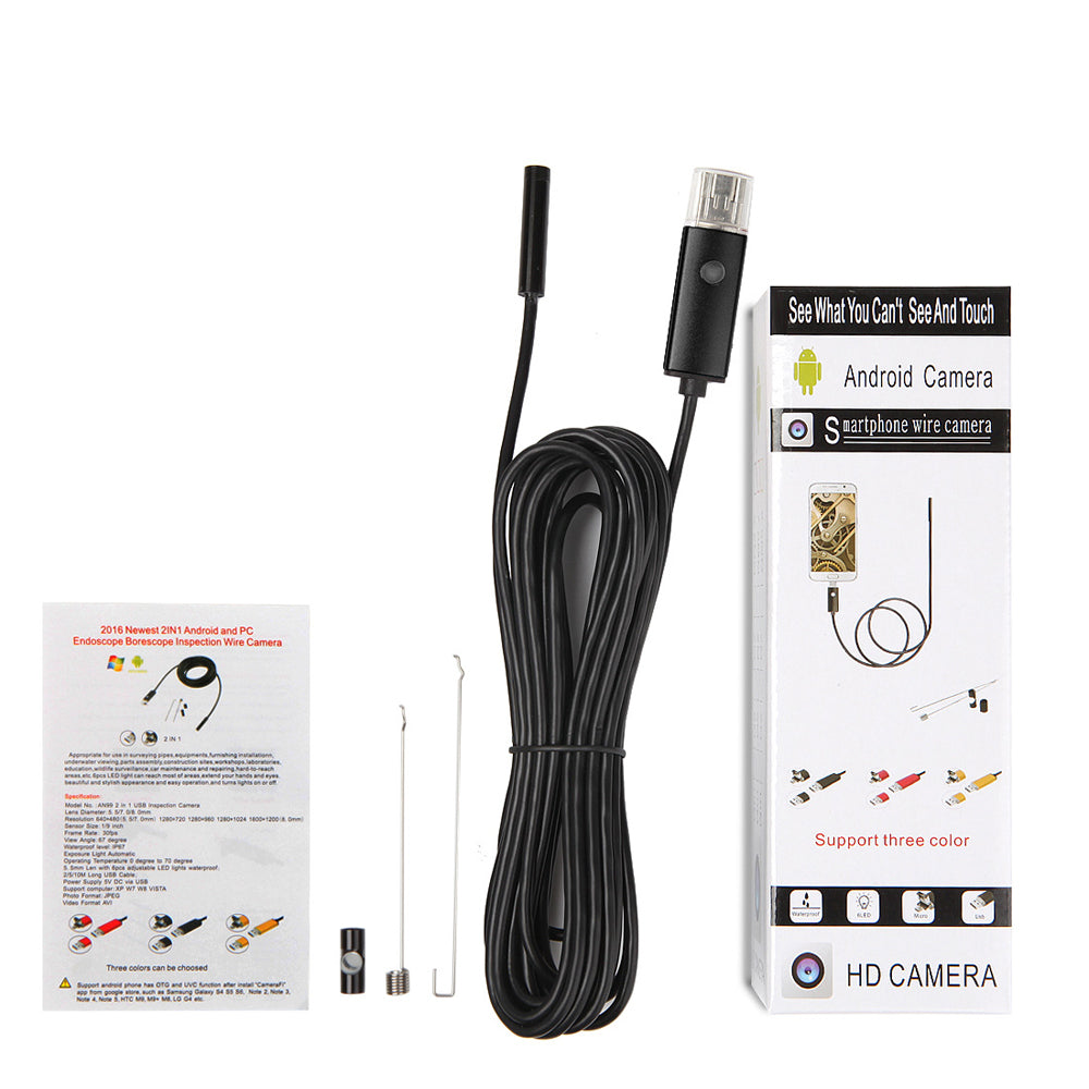 Uniqkart 10M 7mm 6-LED Android PC USB Waterproof Endoscope Inspection Video Camera - Black