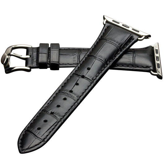 Uniqkart for Apple Watch Series 8 7 41mm / Series 6 SE / SE(2022) 5 4 40mm / Series 3 2 1 38mm Crocodile Texture Genuine Leather Wrist Strap - Black