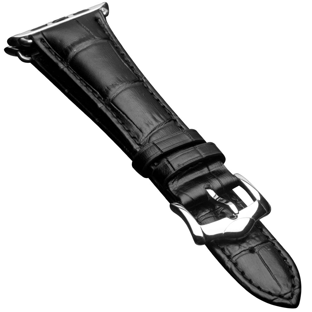 Uniqkart for Apple Watch Series 8 7 41mm / Series 6 SE / SE(2022) 5 4 40mm / Series 3 2 1 38mm Crocodile Texture Genuine Leather Wrist Strap - Black