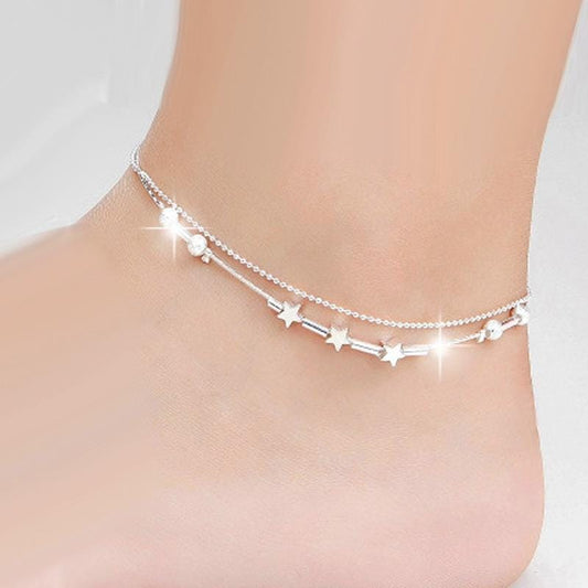 Fashion Jewelry Double Powder Beads and Stars Silver Plated Anklets (Silver)
