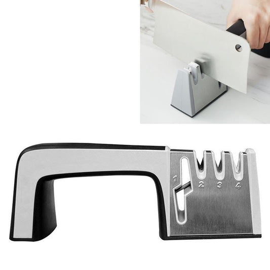 4 in 1 Stainless Steel Knife Sharpener Four Section Hand-held Quick Sharpening Tool with Non Slip Handle (Black)