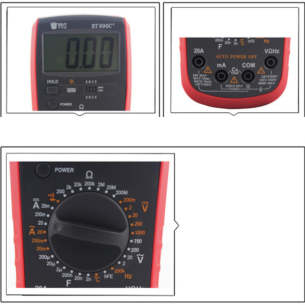 Uniqkart BST-890C+ Modern Digital Multimeter AC/DC Voltage Current Resistance Diode Tester with Large LCD Screen