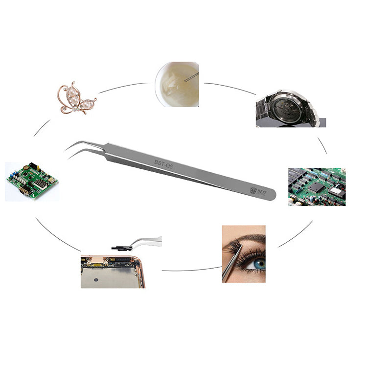 Uniqkart BST-Q5 202 Stainless Steel Precision Tweezers Jumper Wire Tweezers - Curved Tip