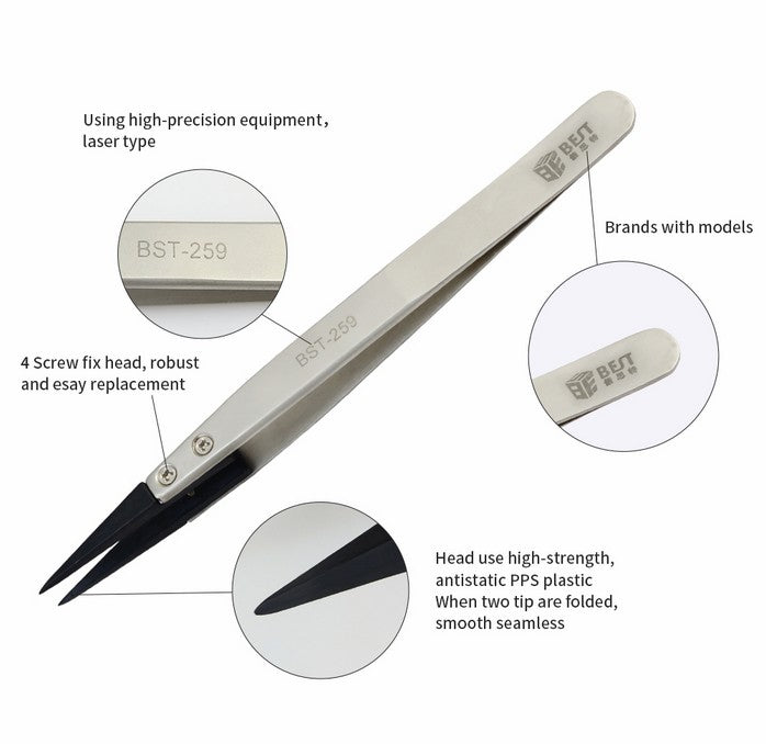 Uniqkart BST-259A Stainless Steel Anti-static Fine Point Tweezers with Replaceable Tip