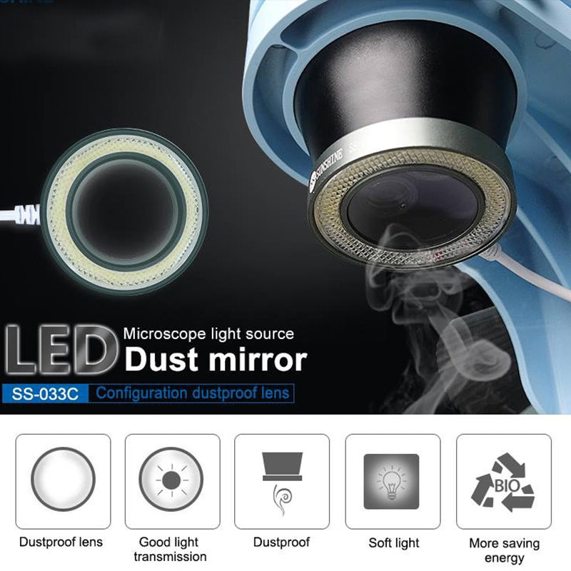 SS-033C 2-in-1 USB Adjustable LED Round Light with UV Oil Smoke DustProof Mirror for Microscope Dustproof