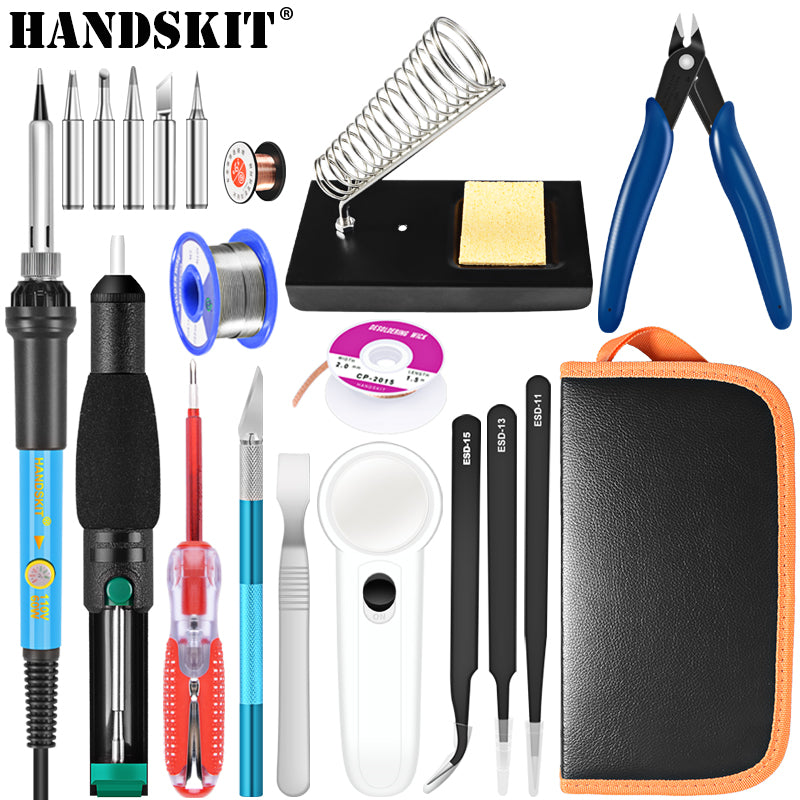 HANDSKIT 22 Pcs Soldering Iron Kit 220V 60W Electric Adjustable Temperature Soldering Iron with Soldering Tips Stand Tools - EU Plug