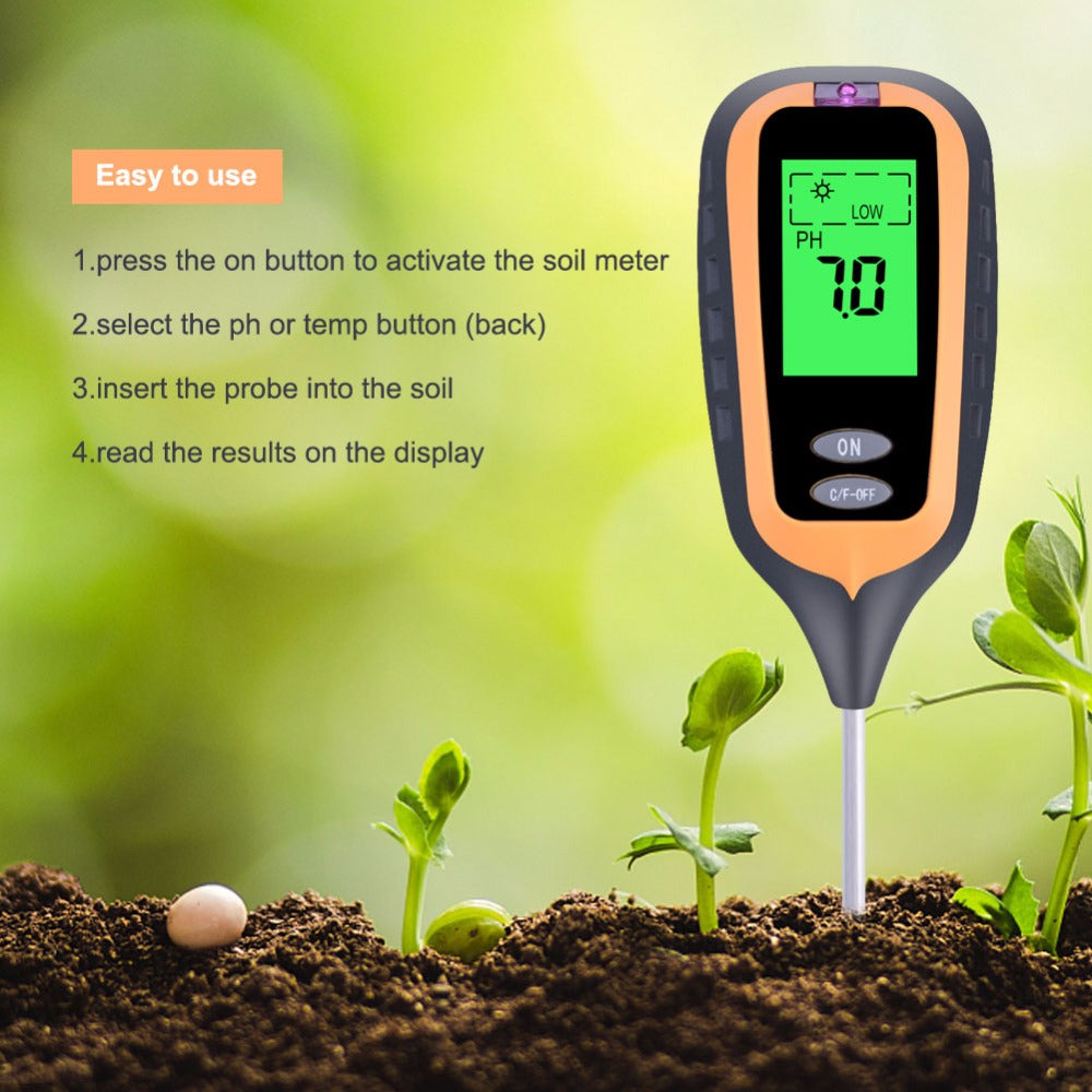 4-in-1 Soil Temperature/Moisture/Light/PH Tester for Farm, Garden, Lawn