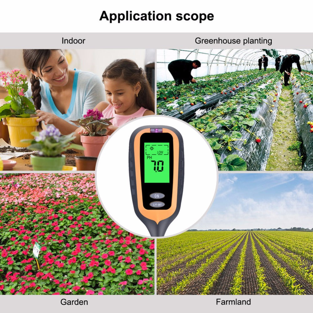 4-in-1 Soil Temperature/Moisture/Light/PH Tester for Farm, Garden, Lawn