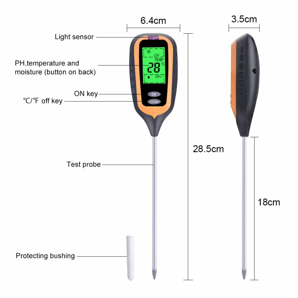 4-in-1 Soil Temperature/Moisture/Light/PH Tester for Farm, Garden, Lawn