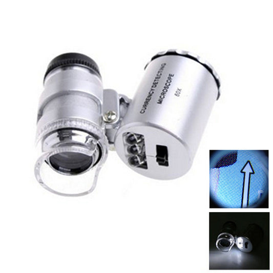 60X Mini Portable Magnifier Currency Detector Loupe Magnified Tool with LED / UV Light - Silver Color