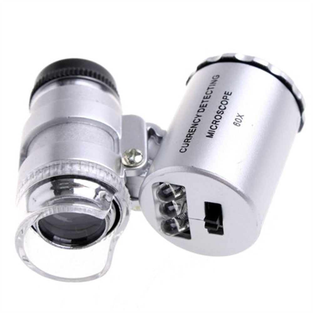 60X Mini Portable Magnifier Currency Detector Loupe Magnified Tool with LED / UV Light - Silver Color
