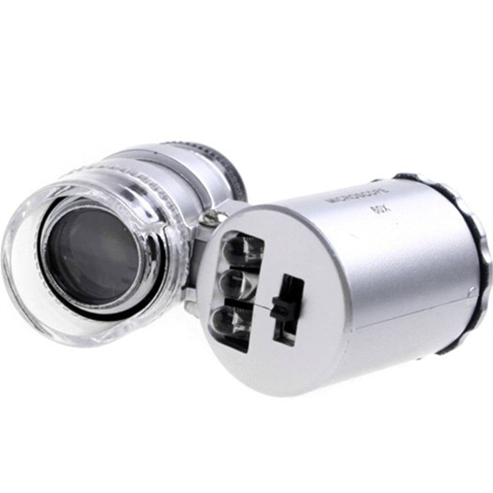 60X Mini Portable Magnifier Currency Detector Loupe Magnified Tool with LED / UV Light - Silver Color