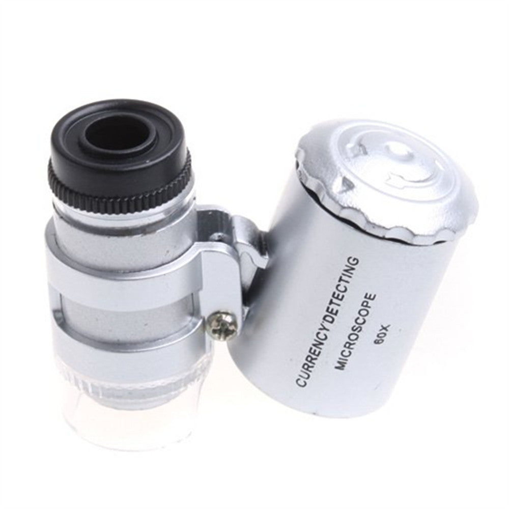 60X Mini Portable Magnifier Currency Detector Loupe Magnified Tool with LED / UV Light - Silver Color