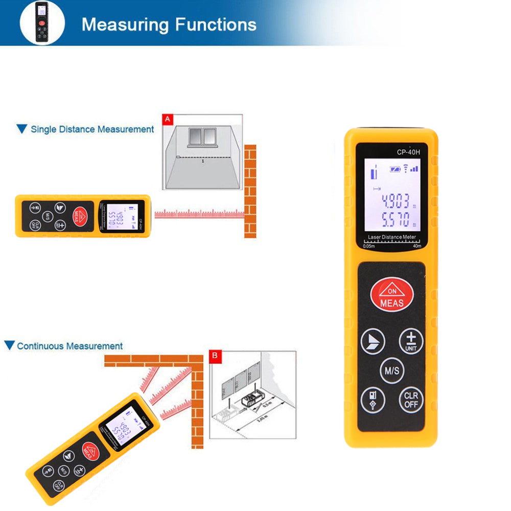 CP-40H 40M Laser Distance Meter Handheld Digital Range Finder - Yellow