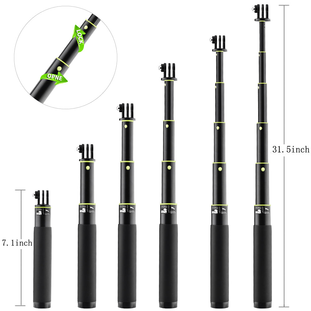 7.1-31.5 Inch Extendable Selfie Stick for GoPro Hero 5/4/3 etc. with Remote Clip Mount