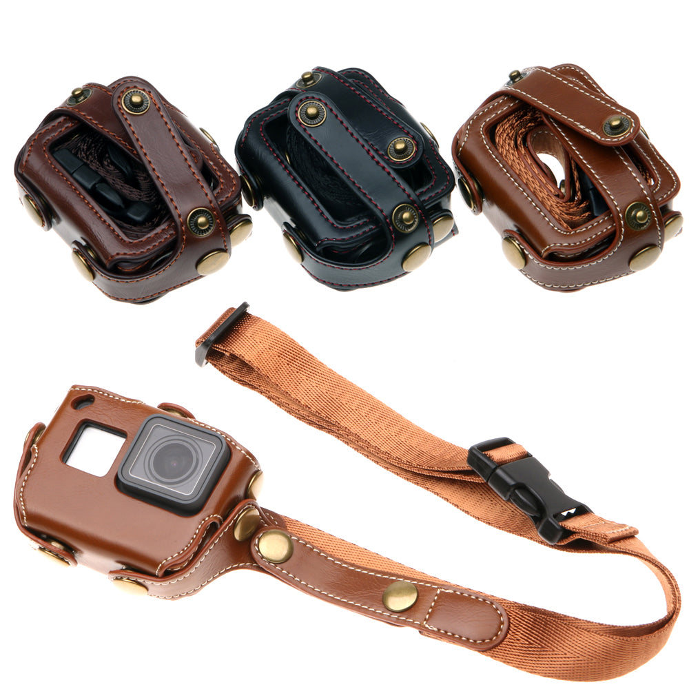 Protective Leather Camera Case with Shoulder Strap for GoPro Hero 6 / Hero 5 Black - Black