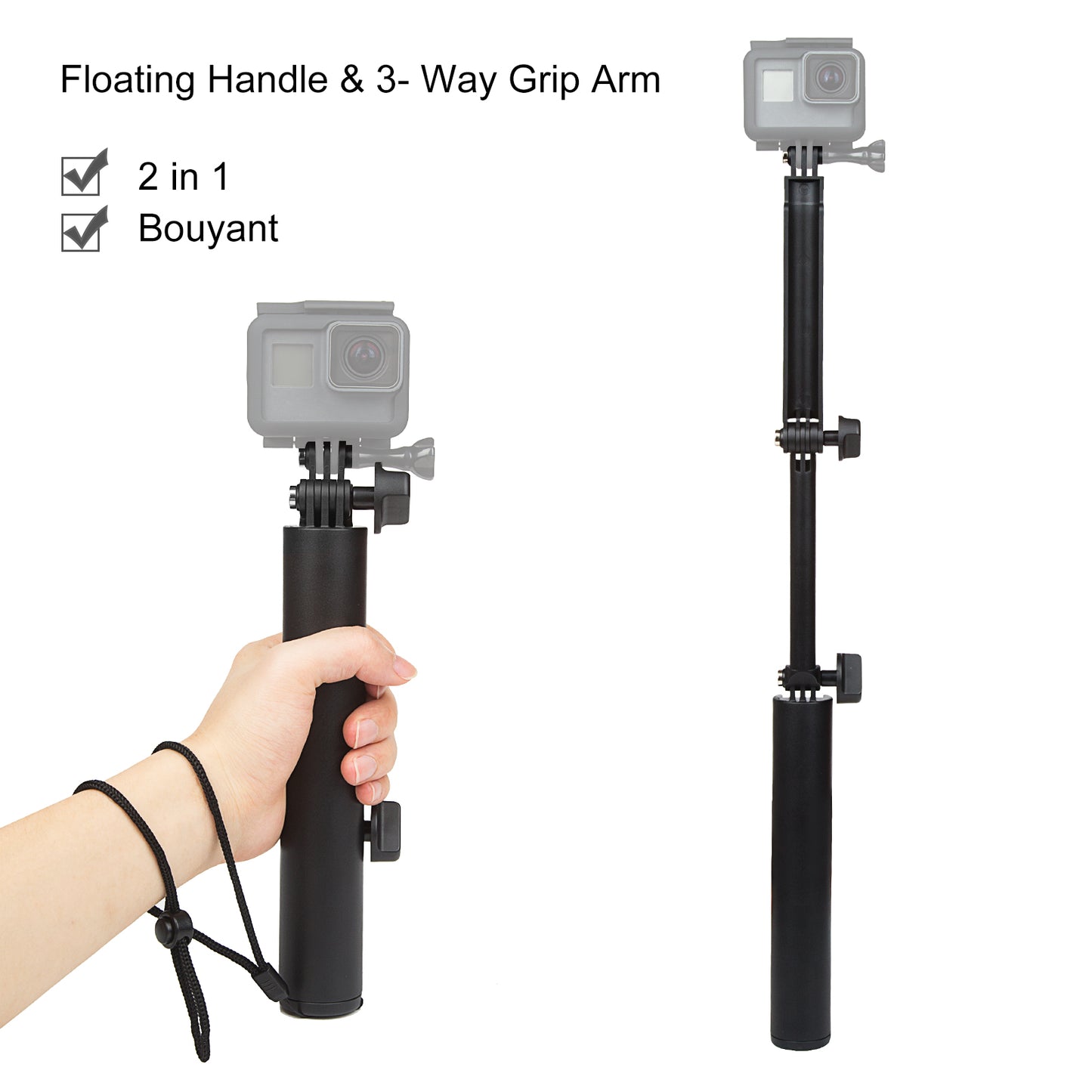 2-in-1 Folding 3-section Grip Arm Selfie Monopod Grip + Floating Bobber for GoPro/Xiaomyi/SJCAM