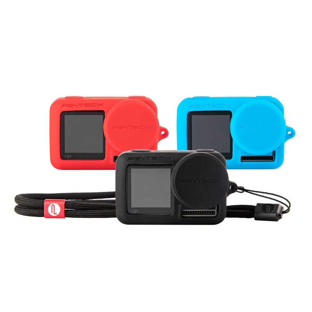 P-11B-014 Silicone Rubber Case Protective Lens Cover Lens Cap Hood with Lanyard for DJI Osmo Action - Black