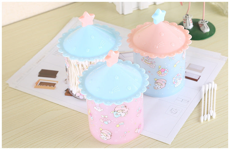Creative Cartoon Multi-functional Makeup Cotton Swabs Storage Box Case - Cyan