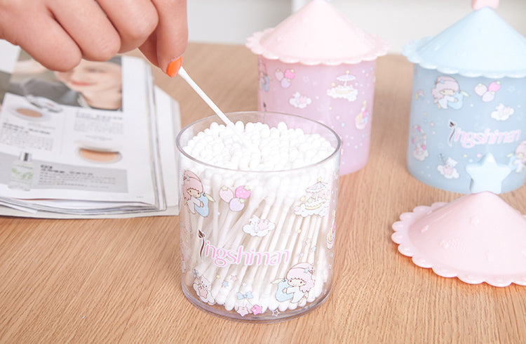 Creative Cartoon Multi-functional Makeup Cotton Swabs Storage Box Case - Cyan