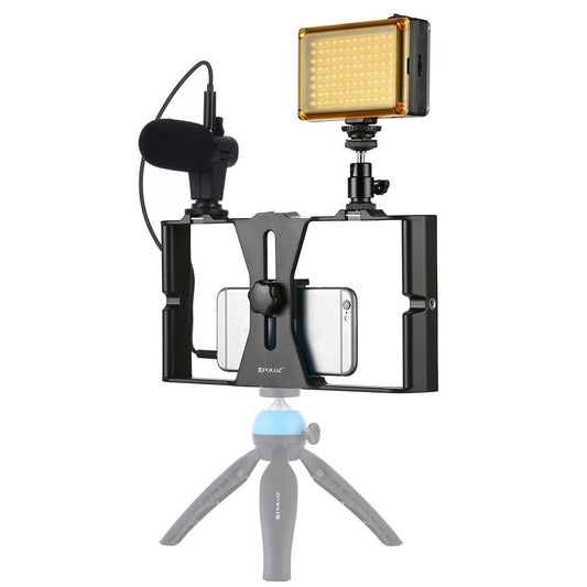PULUZ 3 in 1 Vlogging Live Broadcast LED Selfie Light Smartphone Video Rig Kits with Microphone + Cold Shoe Tripod Head for iPhone, Galaxy, Huawei, Xiaomi, HTC, LG, Google, and Other Smartphones (Blue)