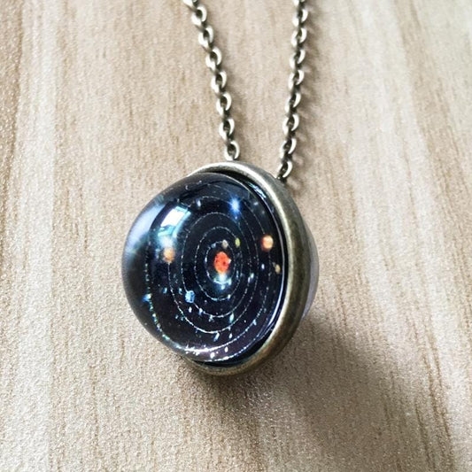 Double-sided Glass Ball Pendant Necklace Gem Universe Star Necklace Handmade Women Men Jewelry (Solar System)