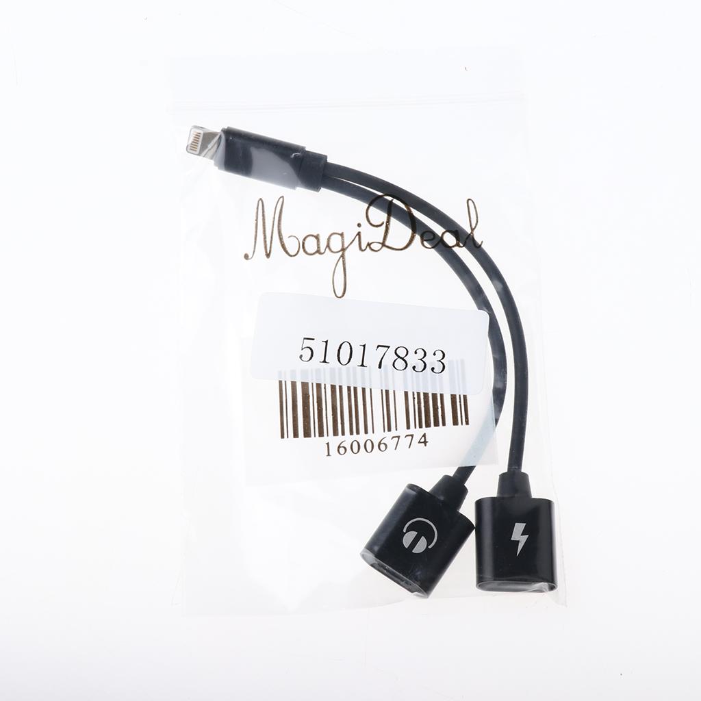2 in 1 For iPhone Male Port to Female Audio & Charging Adapter Cable Black