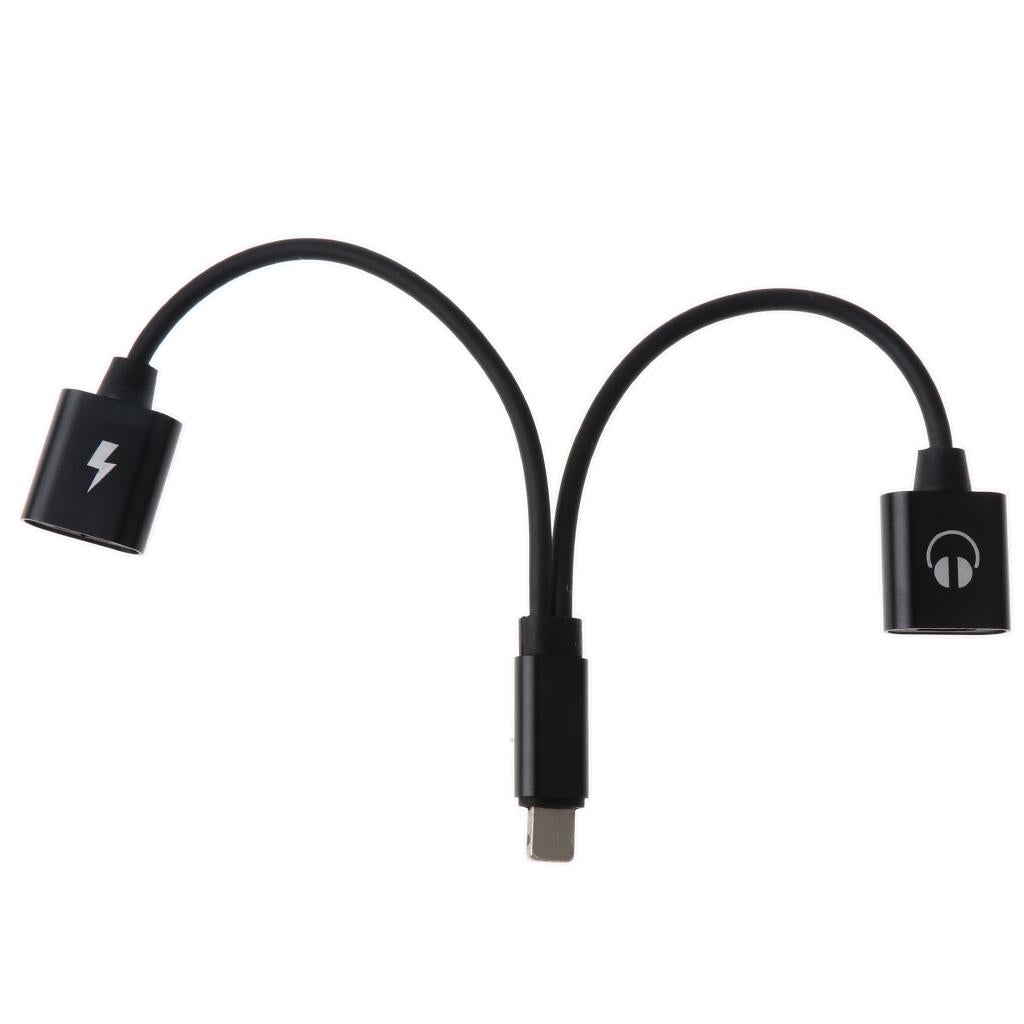2 in 1 For iPhone Male Port to Female Audio & Charging Adapter Cable Black