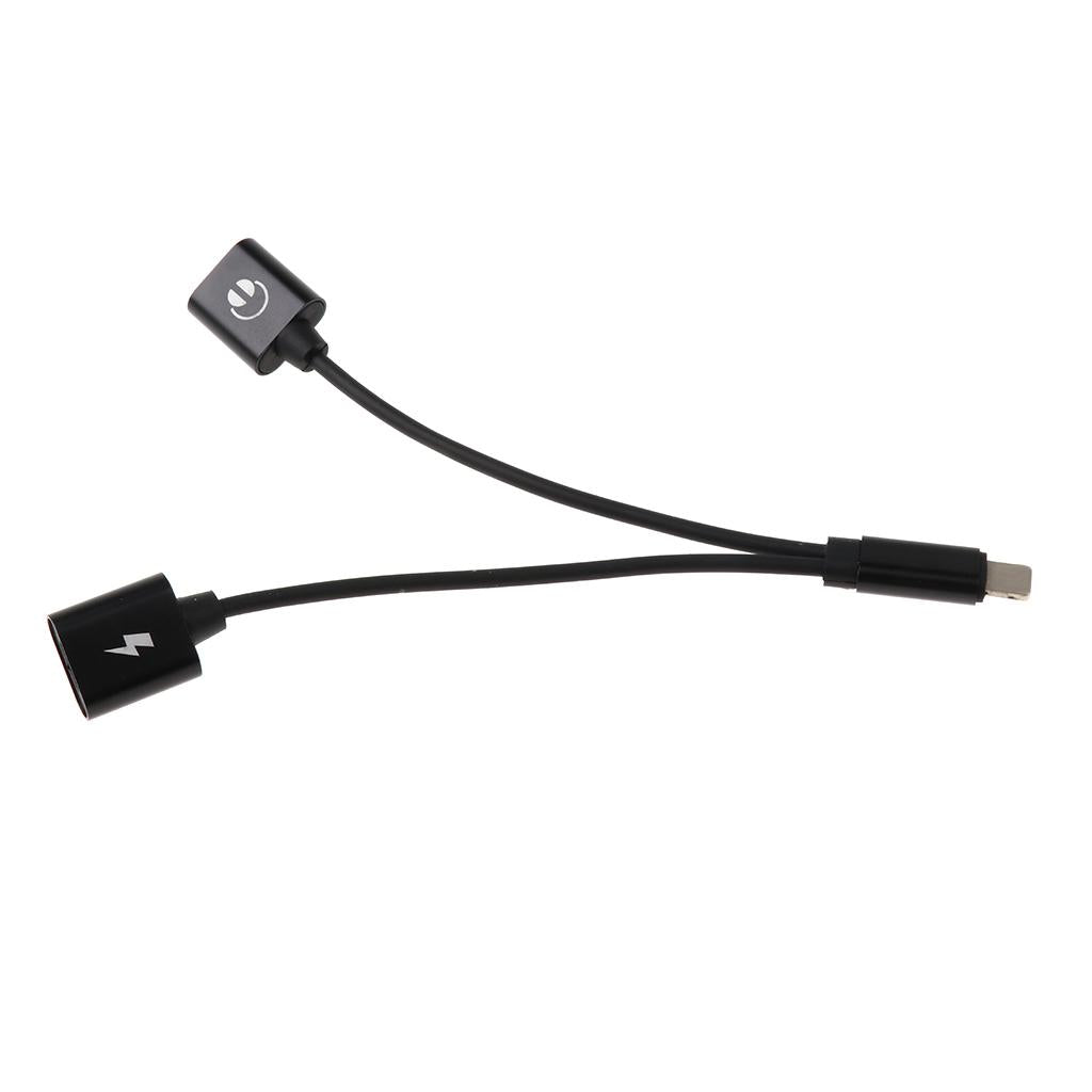 2 in 1 For iPhone Male Port to Female Audio & Charging Adapter Cable Black