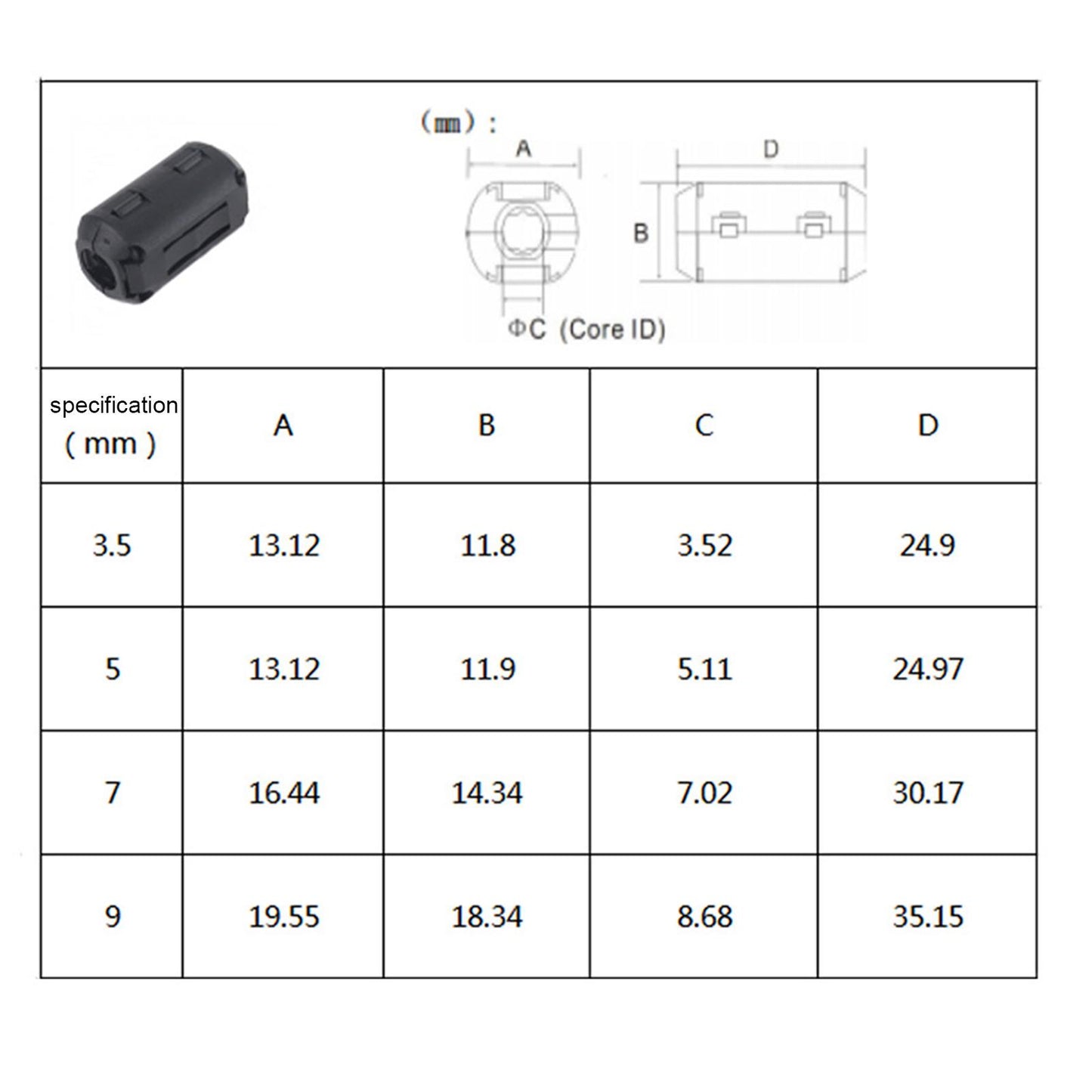 25 x Clip On Clamp Ferrite Core Ring Kit Cable Clip for Car DVR 3.5 5 7 9 mm