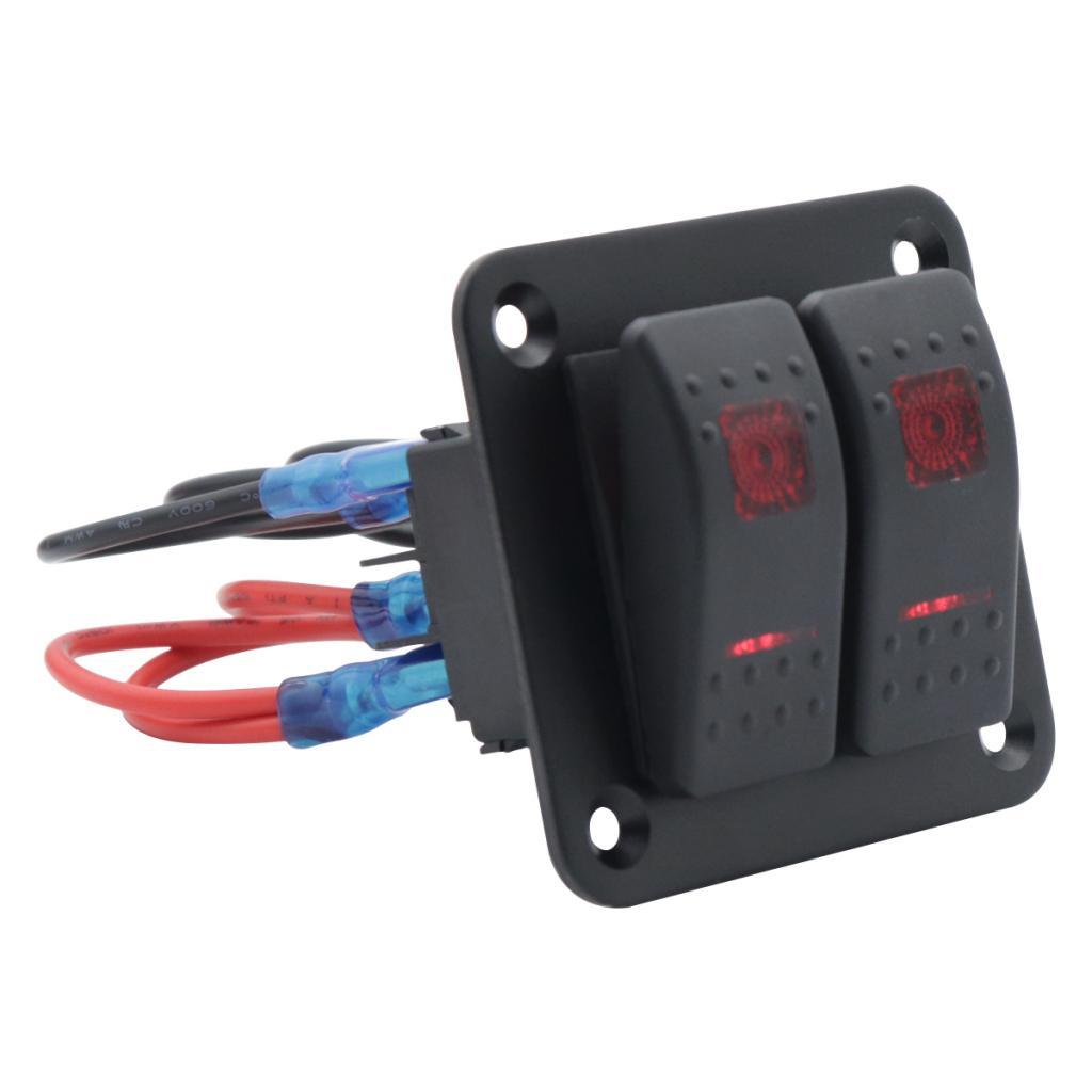 12V 24V 2 Gang Rocker Switch Panel Red Backlit LED 5 Pin for Vehicles RV