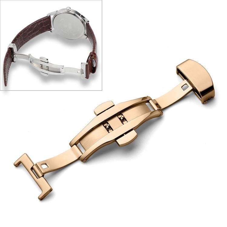 Watch Leather Wrist Strap Butterfly Buckle 316 Stainless Steel Double Snap, Size: 22mm (Rose Gold)