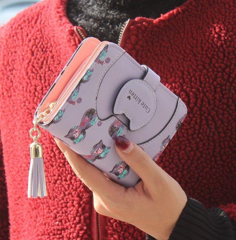 Tassel Cartoon Cat Women Wallet Printing PU Leather Women Walelt(Pink)