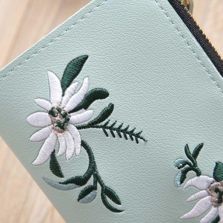 Embroidery Short Wallet PU Leather Wallets Female Floral Hasp Coin Purse Zipper Bag Card Holders(Black)